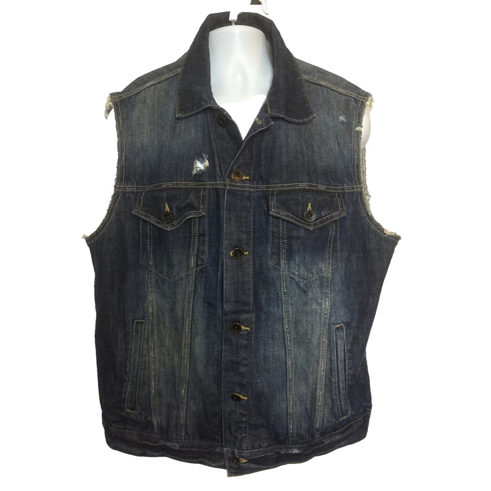 American Eagle Mens XL Jean Vest Blue Distressed Denim Biker‎ Farmer Grunge